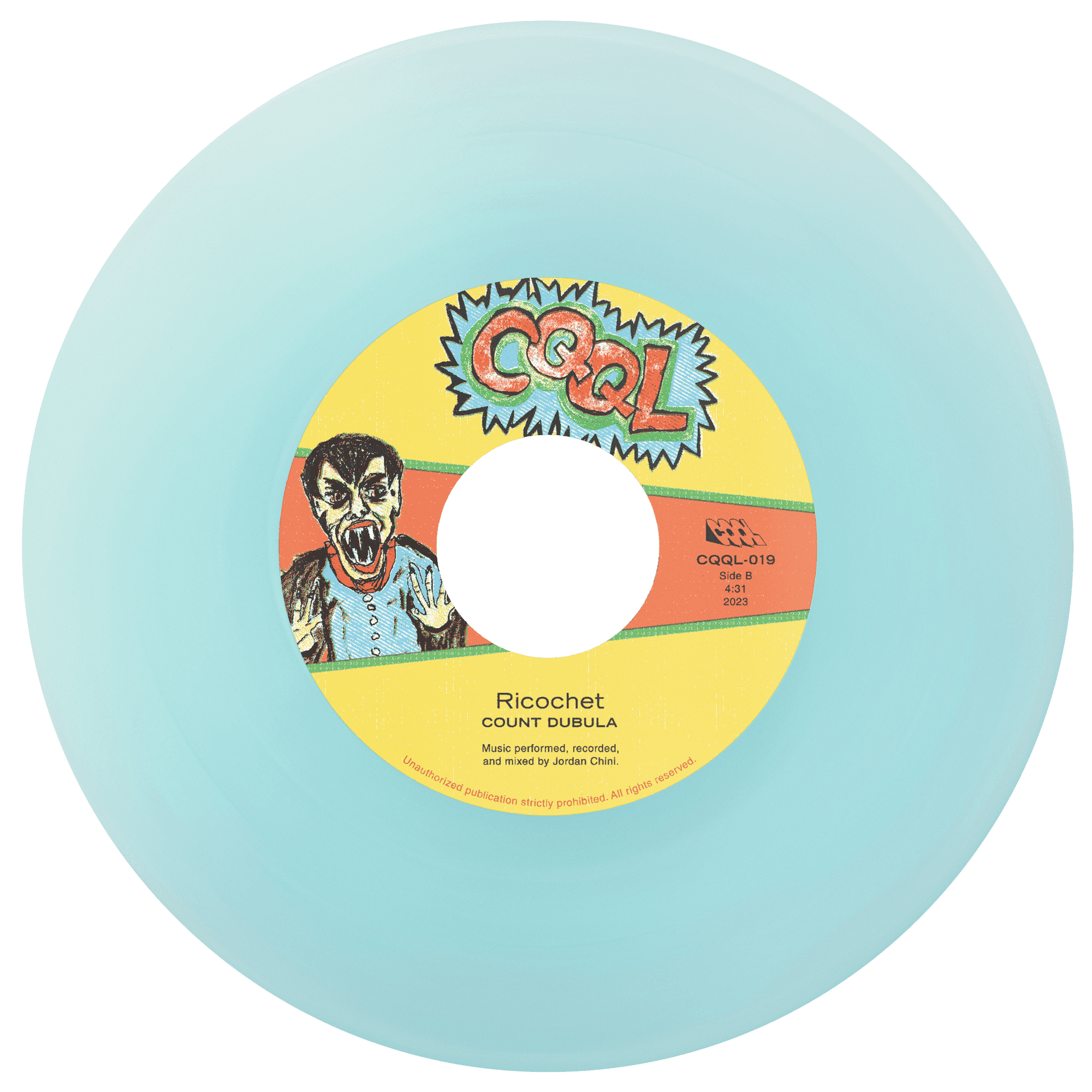 Frosted blue color vinyl record with a colorful label featuring a character and text on a light blue background