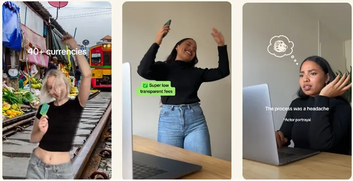 UGC-style influencer videos promoting Wise, highlighting multi-currency support, low transparent fees, and improved user experience, from a Creative Milkshake campaign case study.