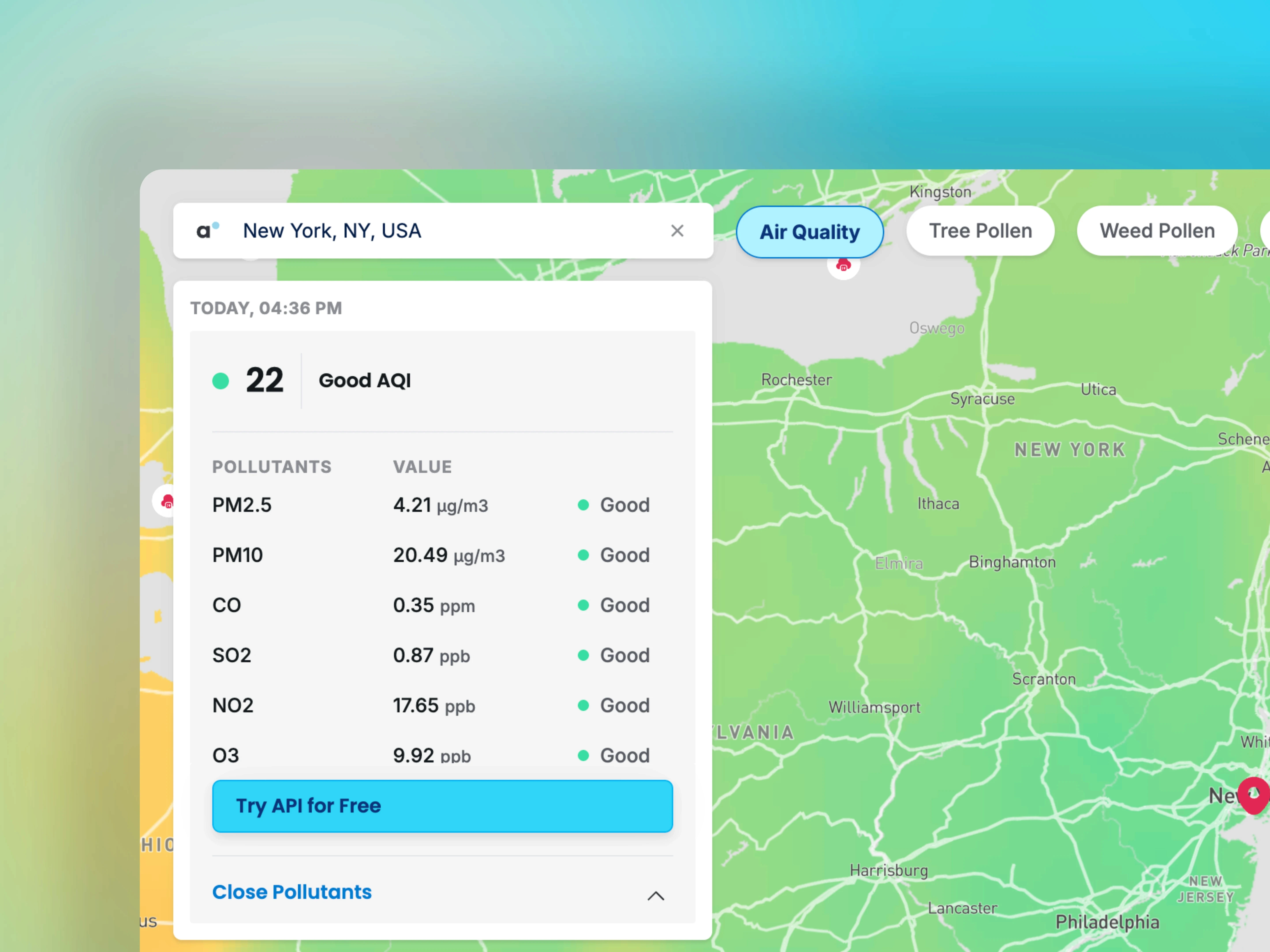 Ambee Maps — air quality map of New York with pollutant breakdown panel