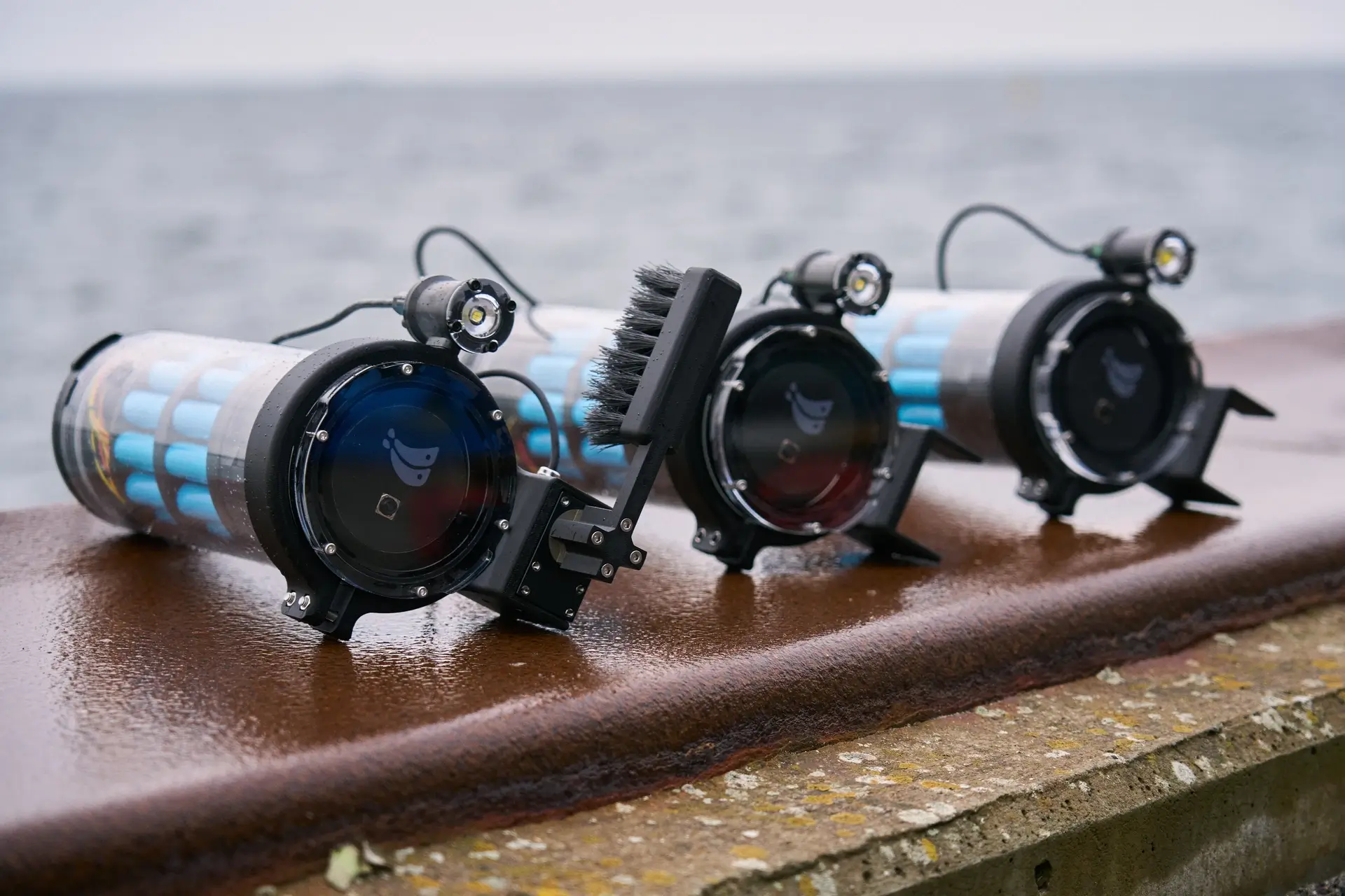 Three AnemoCam underwater camera units with lights and anti-biofouling wipers