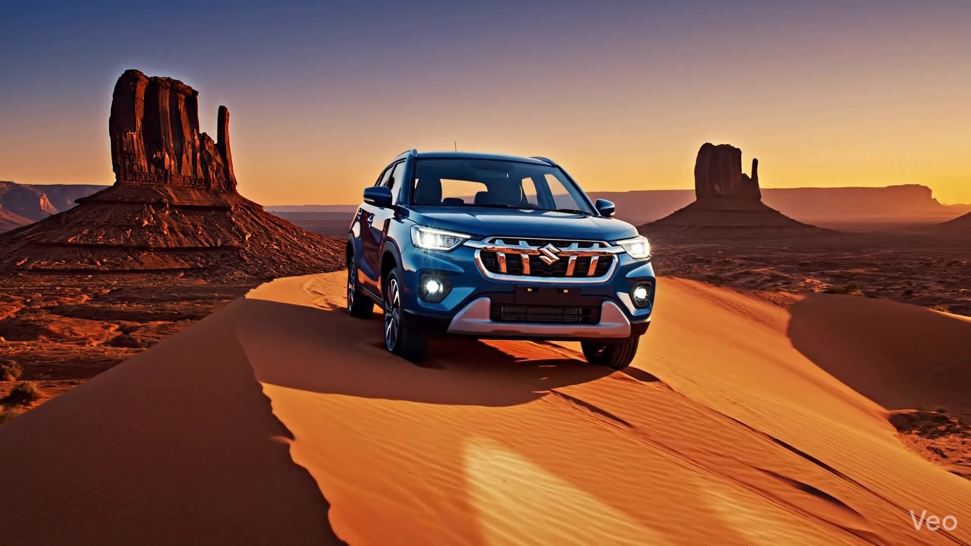 Suzuki automotive advertisement concept by Mahendra R, showing a blue SUV in a vast desert landscape with mountains and a bright sun setting on the horizon.