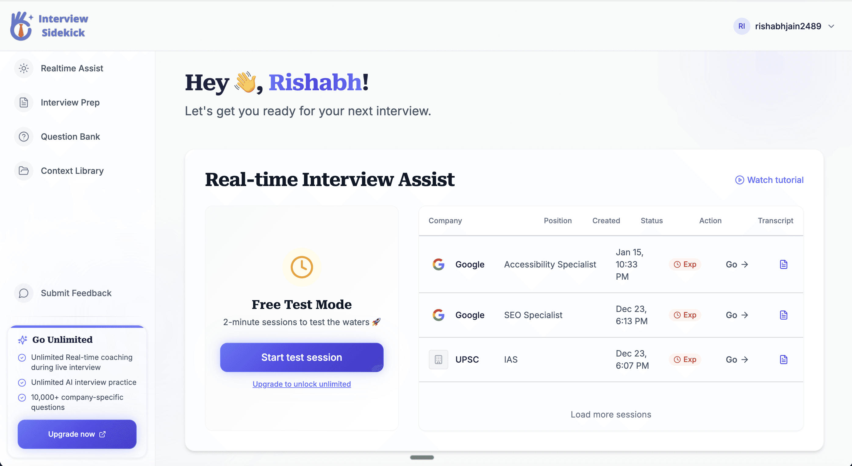 Interview Sidekick Desktop Application Interface