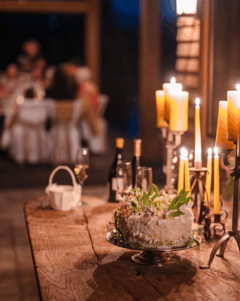 Wedding cake surrounded by candles on a wooden table