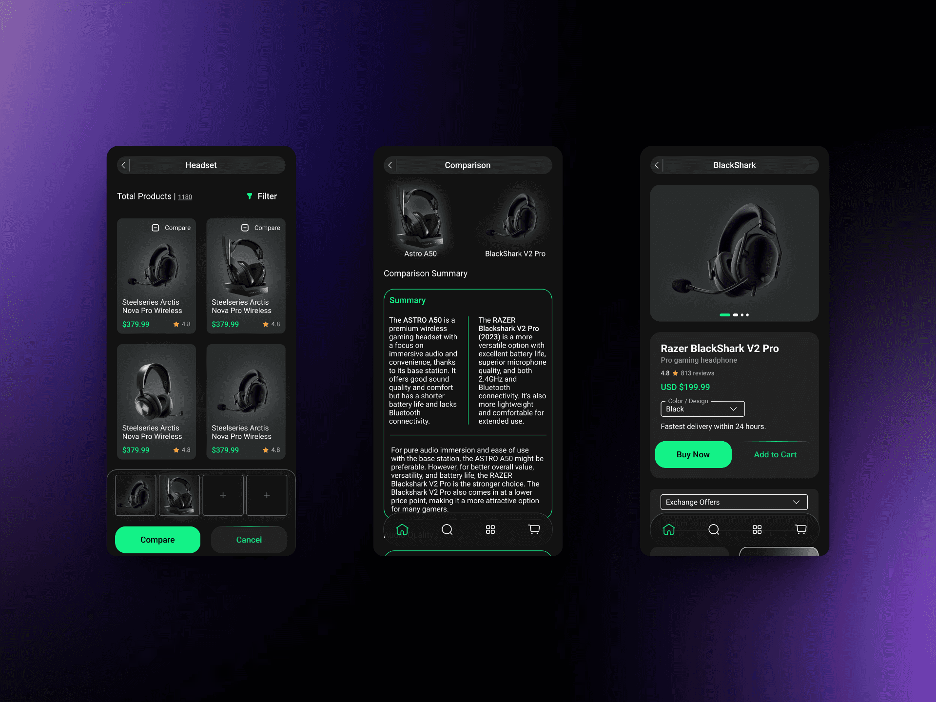 Product comparision pages | E-gaming equipments | Ecommerce App