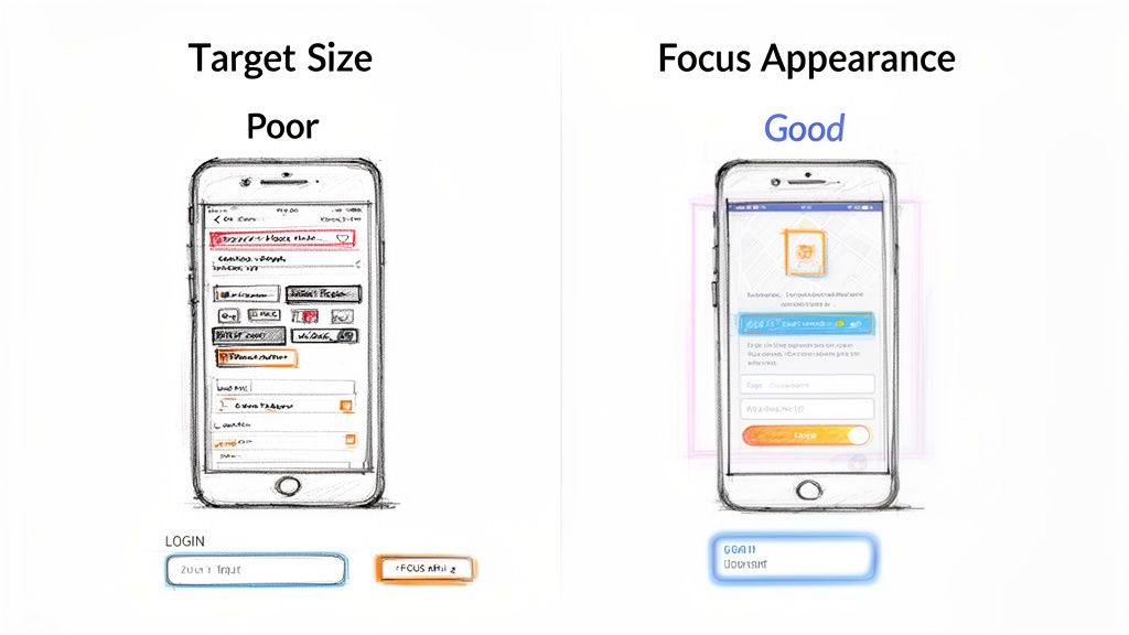 Comparison of mobile UI examples showing poor target size versus good focus appearance for accessibility.
