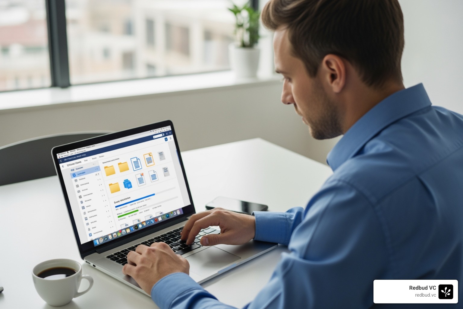 A founder meticulously organizing documents in a virtual data room - early stage due diligence