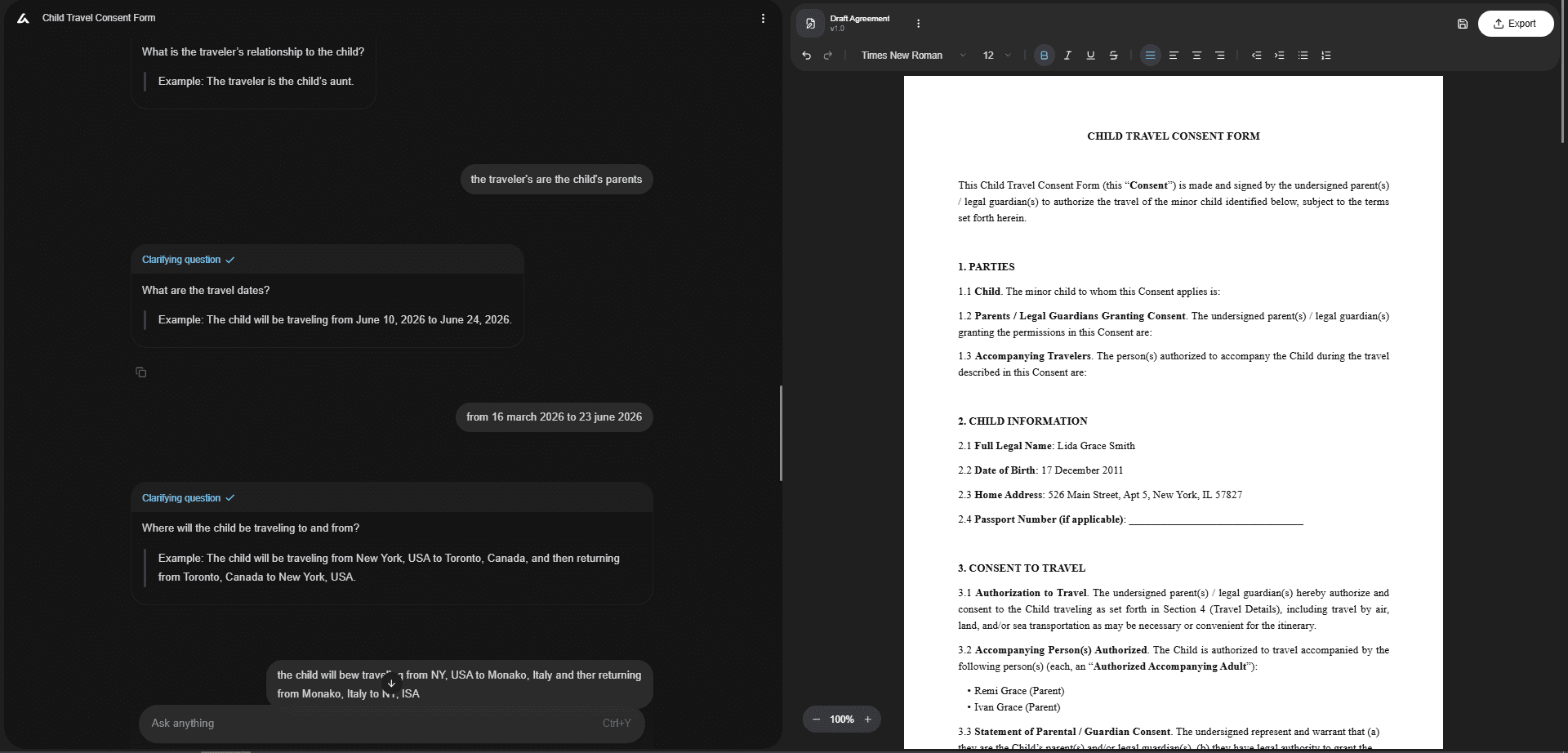 Split-screen interface showing an AI tool collecting travel details for a child travel consent form while generating the completed document draft on the right.