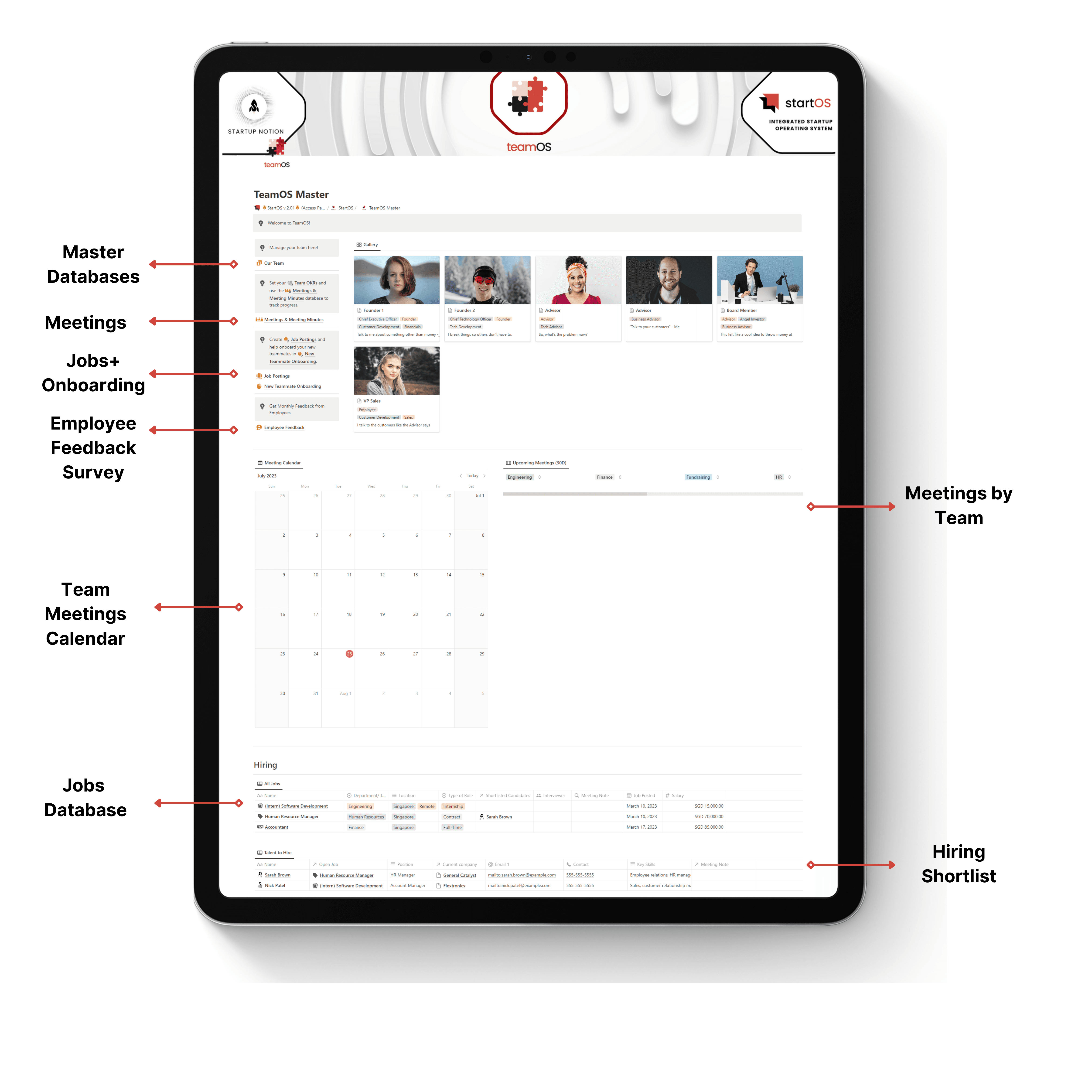 TeamOS- Notion Team management template with team database, meeting database and calendar, jobs database, onboarding checklist and employee feedback form.