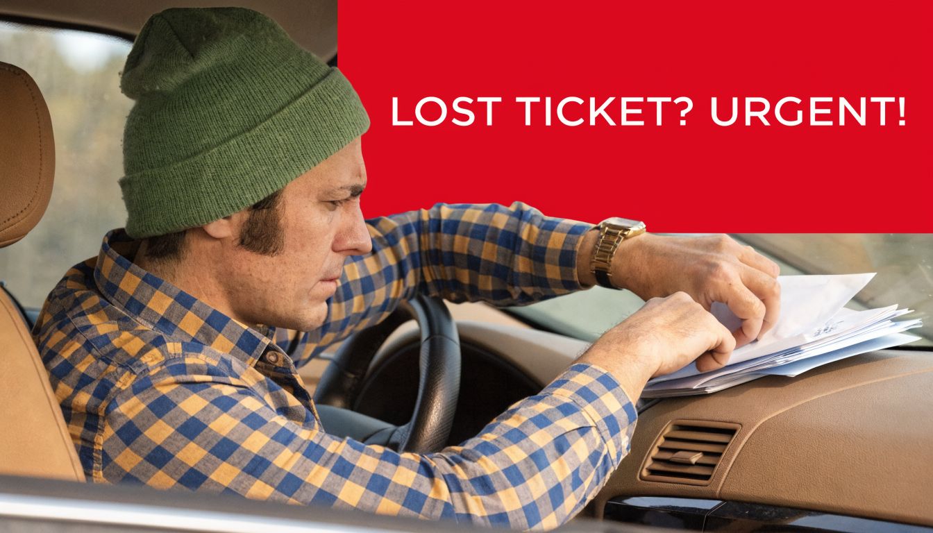 A man wearing a green beanie searching for a misplaced traffic ticket inside his car.