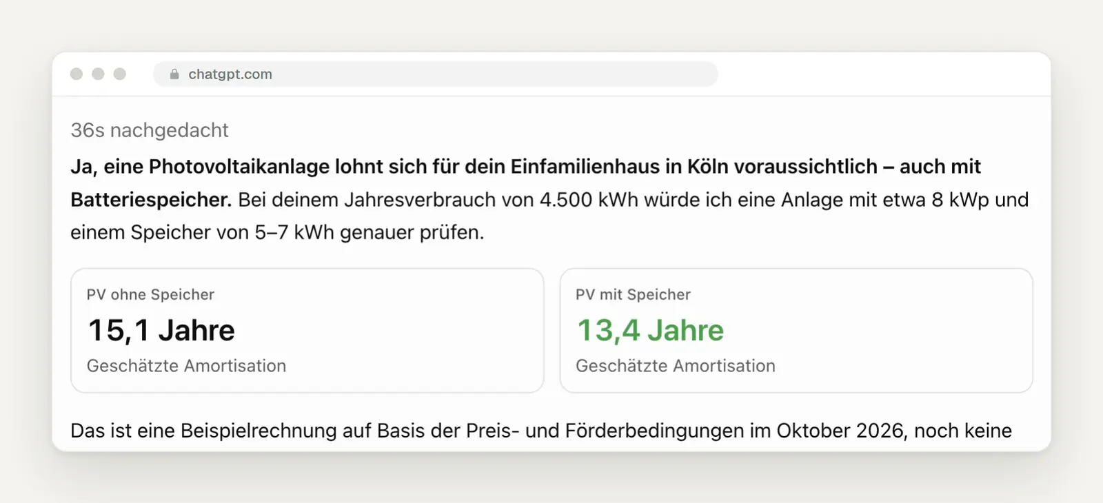 ChatGPT Kennzahlenkarten zur Amortisation einer Photovoltaikanlage mit und ohne Speicher