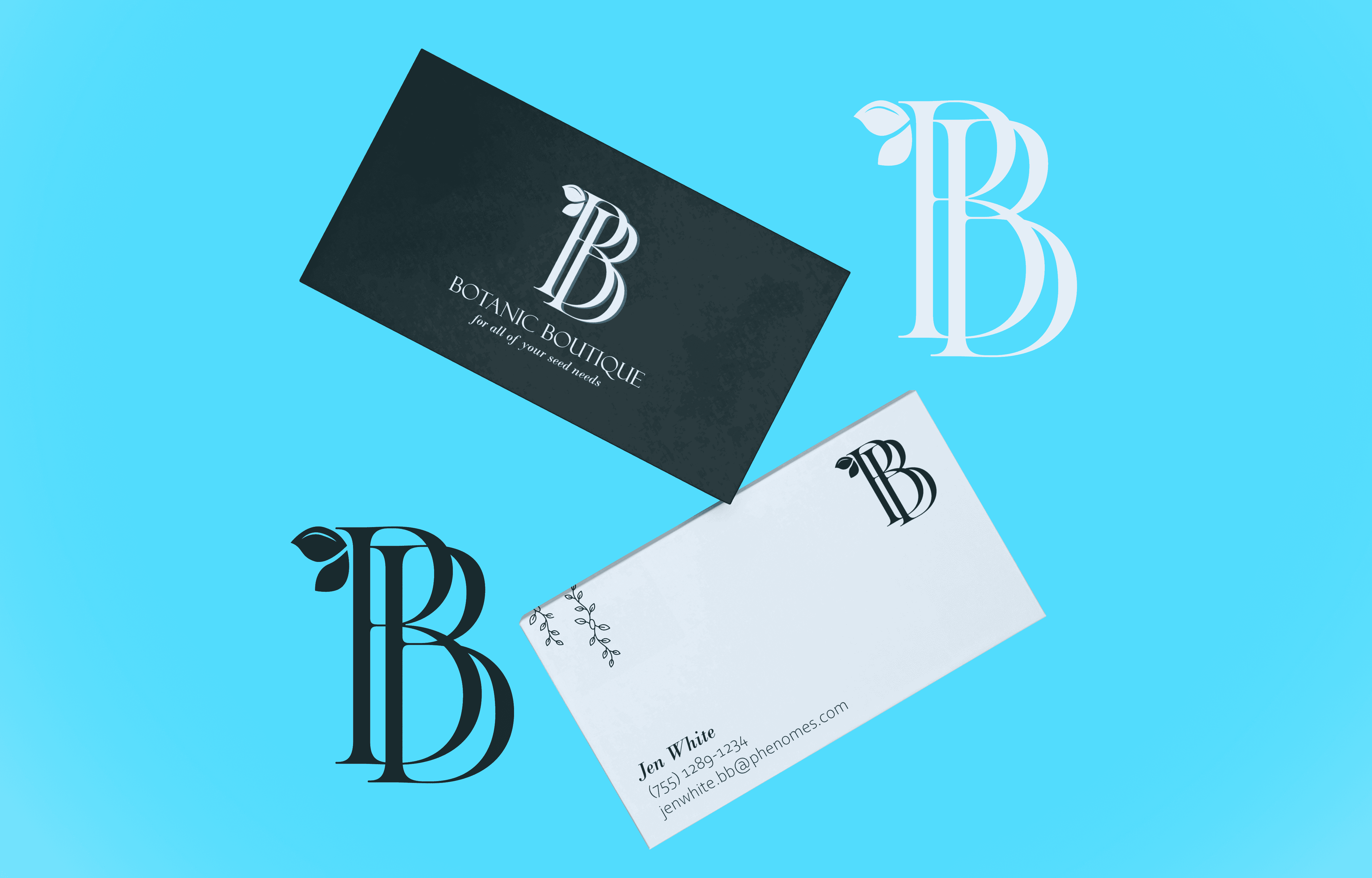 A double B monogram for Botanic Boutique with business card mockups demonstrating the monogram in use.