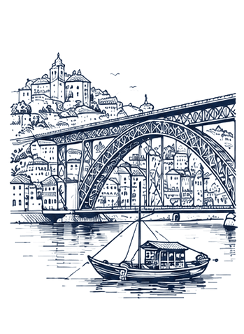 Navy line illustration of the Dom Luís I Bridge and a traditional boat on the Douro River.