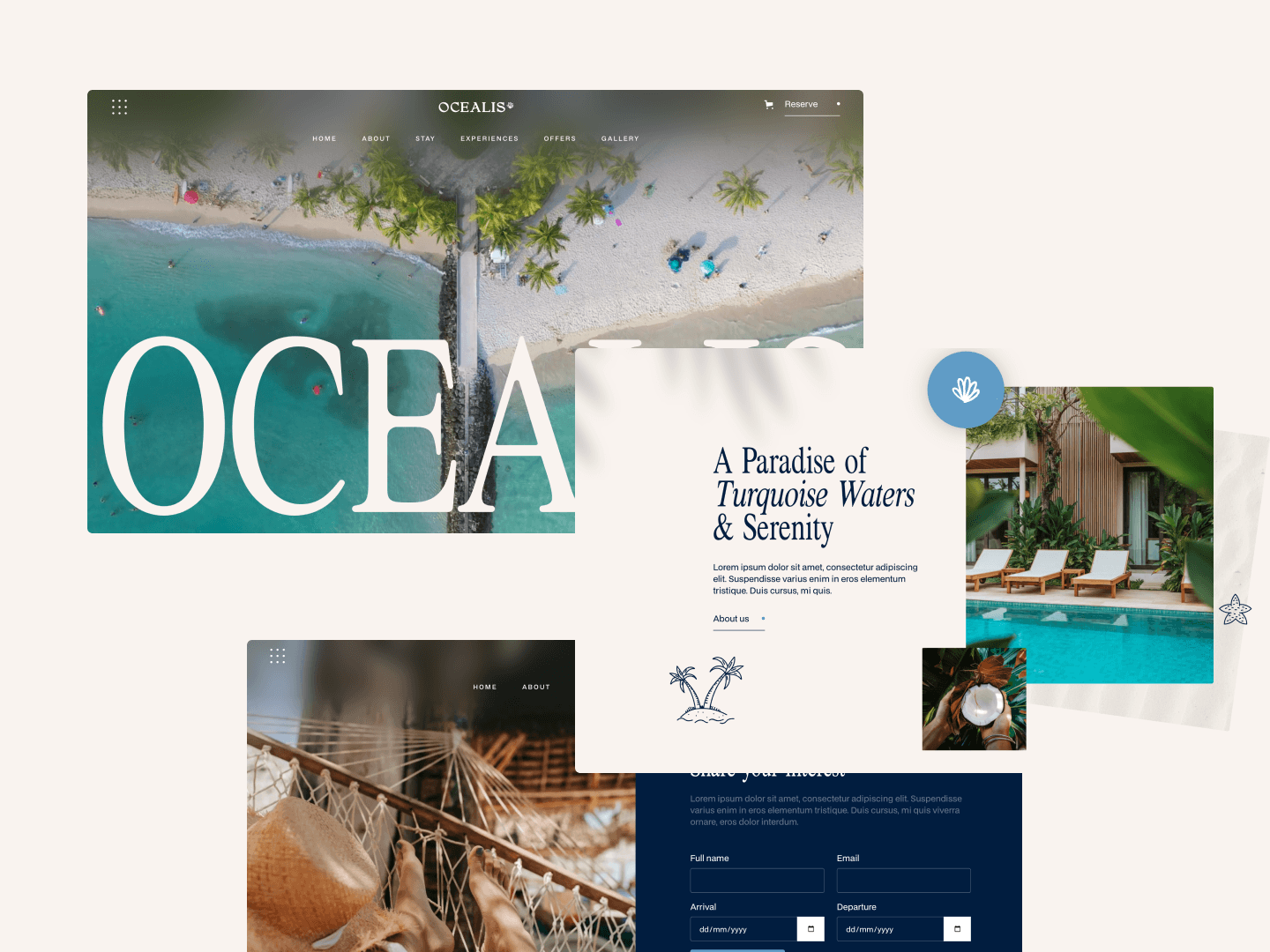 Screenshot of header of Ocealis resort webflow template