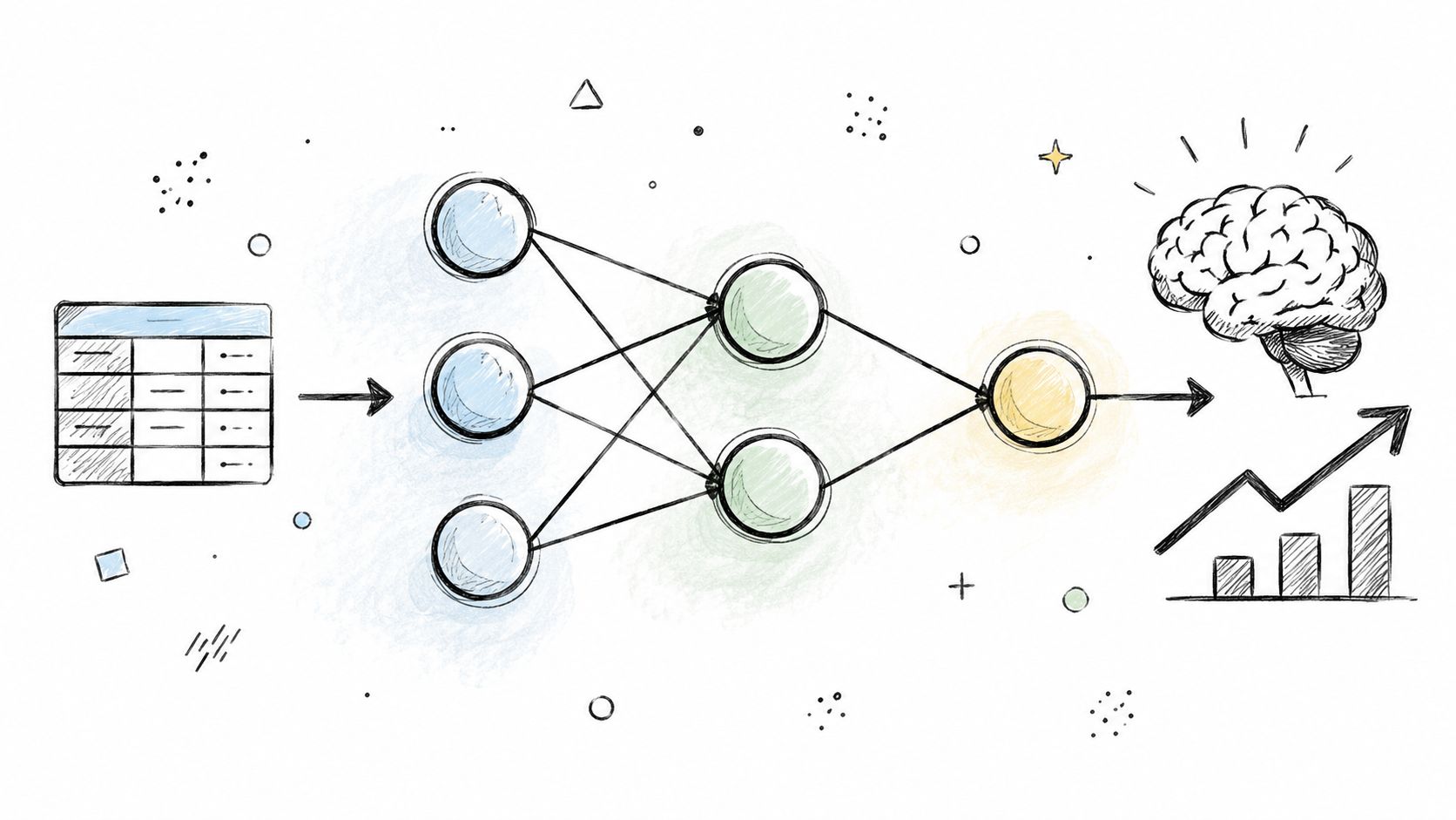 A conceptual hand-drawn illustration depicting a data table feeding into a neural network, processing towards a brain.