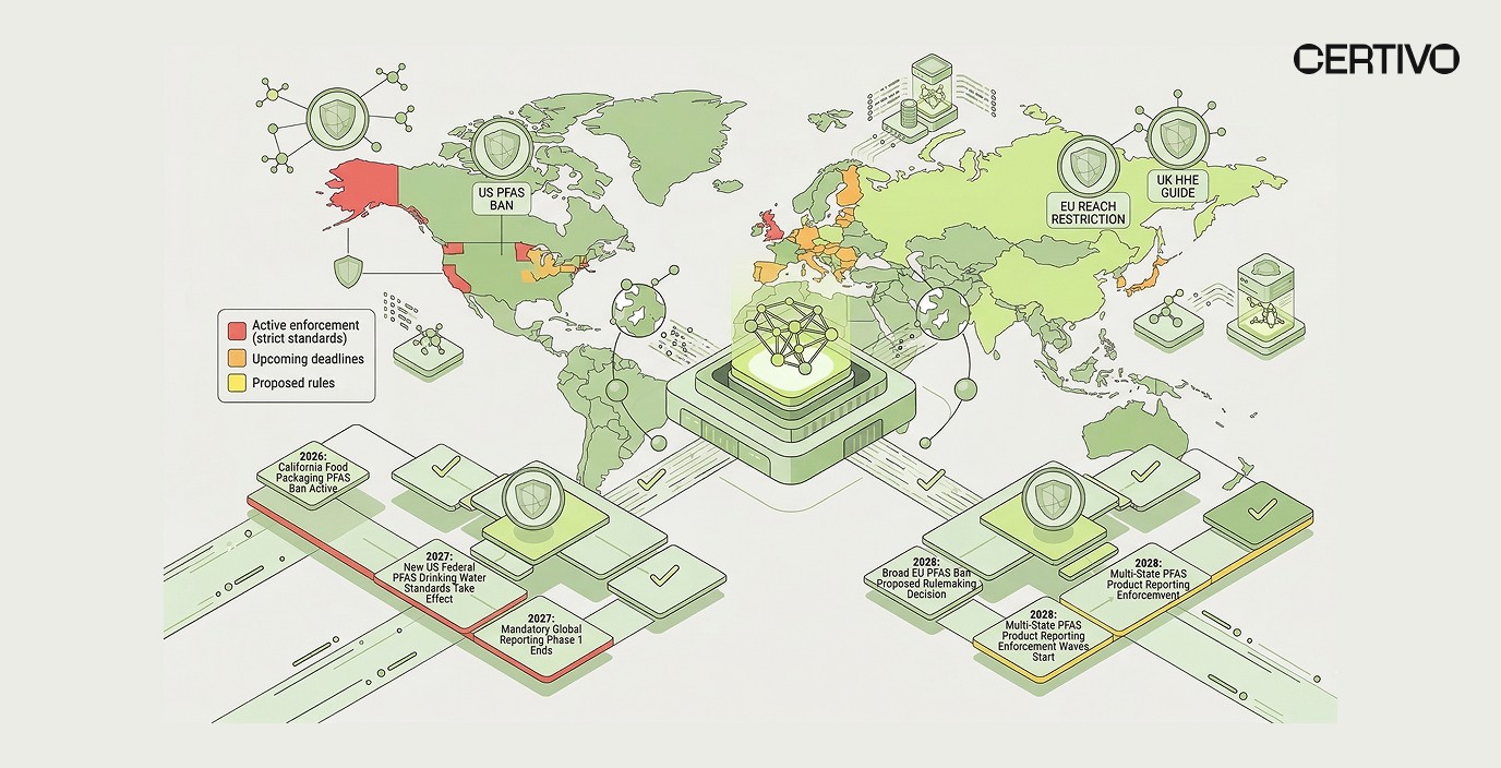 Global PFAS regulatory landscape showing federal state and international compliance requirements for manufacturers