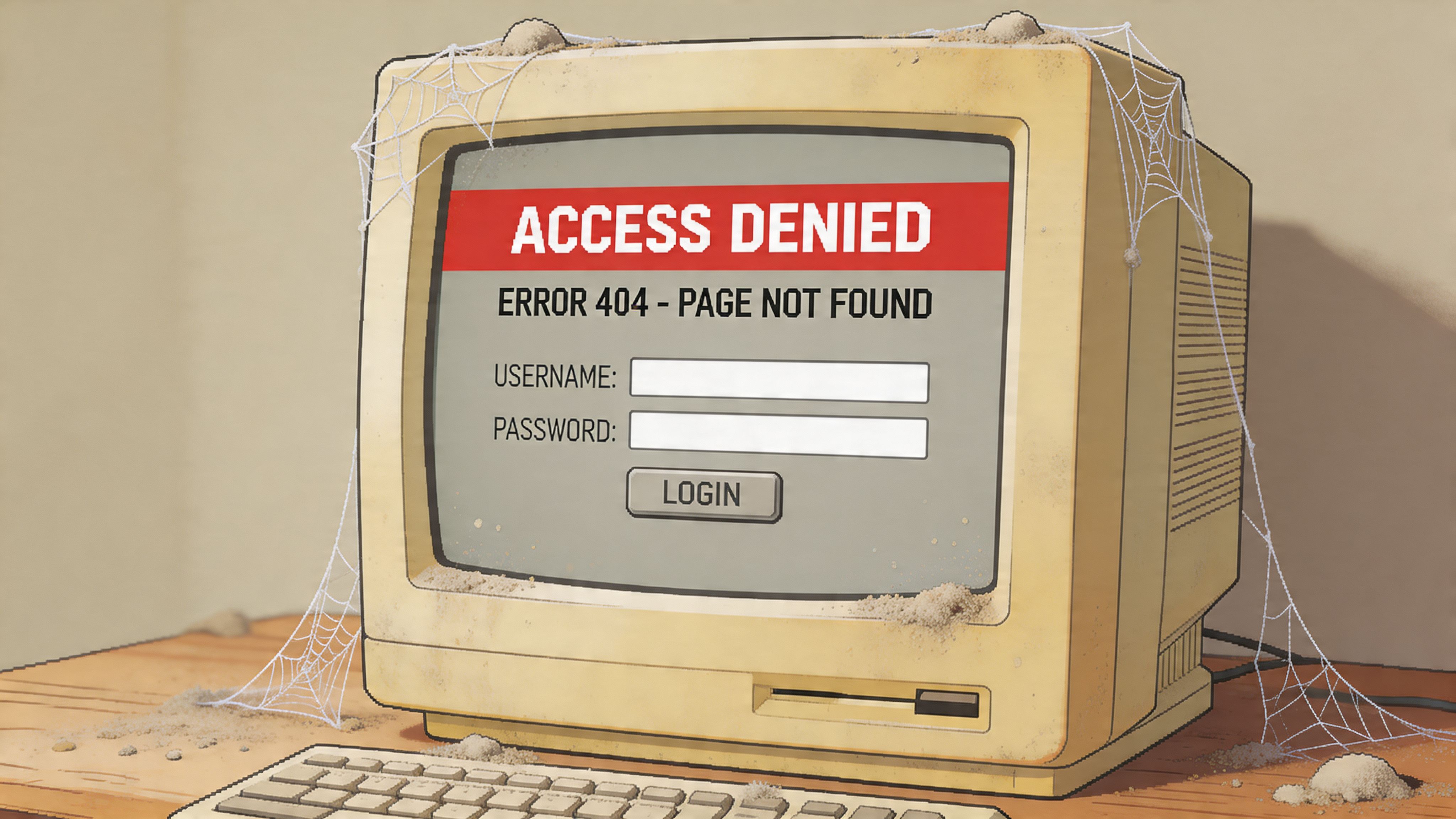 An old dusty computer monitor displaying an access denied error message on a vintage desk.