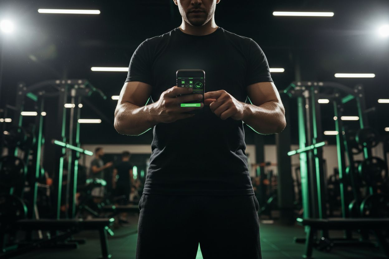 Person logging a workout on a smartphone in a gym