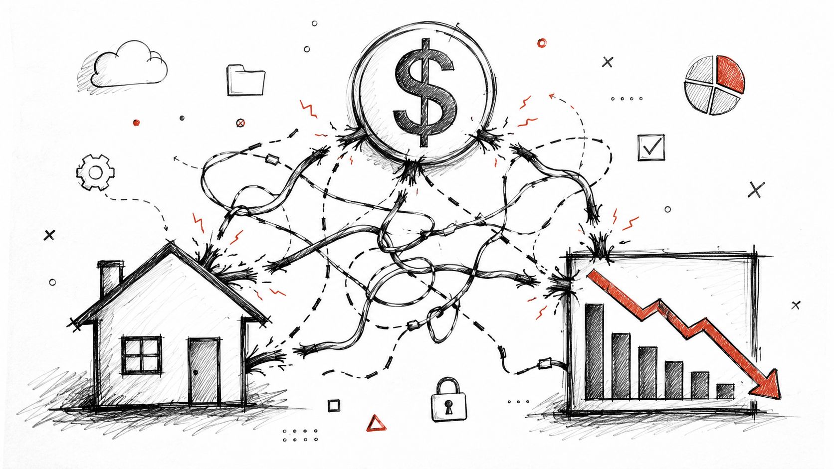A hand-drawn sketch illustrating disconnect between a house, financial market trends, and currency symbols.