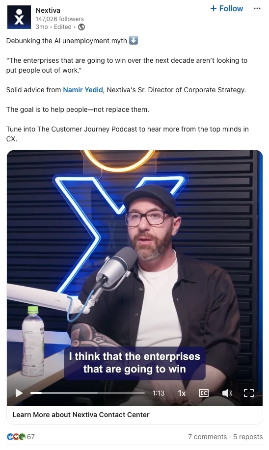 Nextiva video Thought Leader Ad promoted from an executive LinkedIn post.