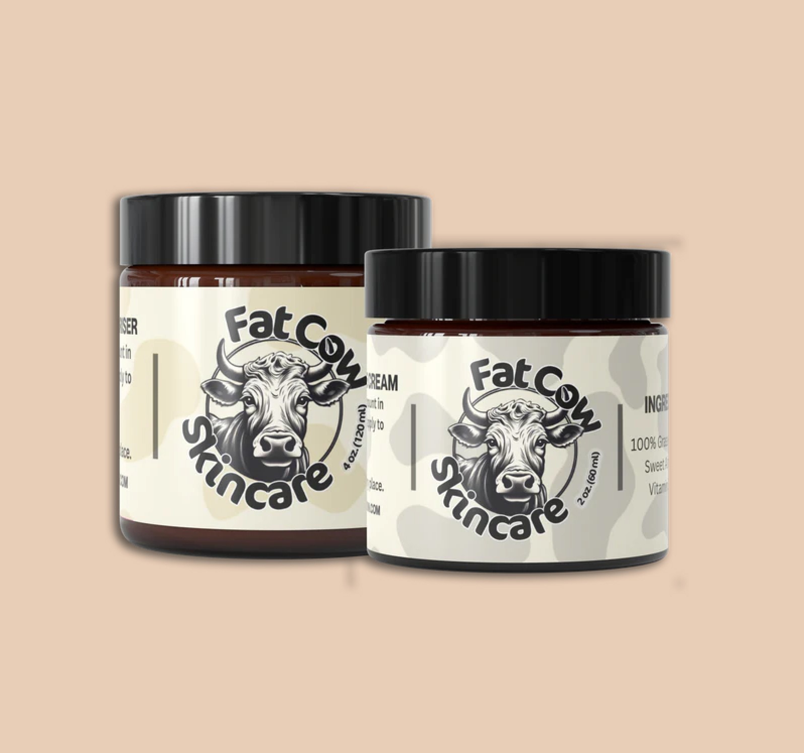 Two amber glass jars with black lids featuring the Fat Cow Skincare logo with a cow's face illustration. The jars appear to be cream or skincare products in different sizes.