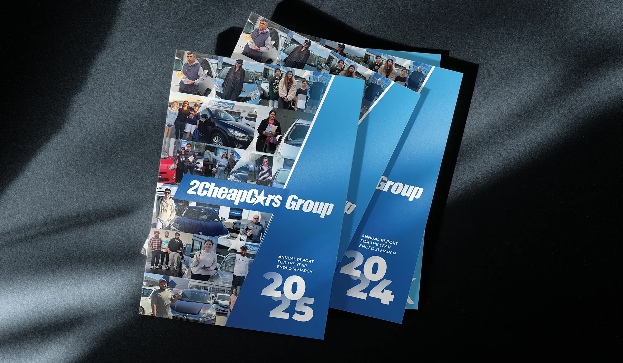 2 Cheap Cars Group Annual reports on a dark background