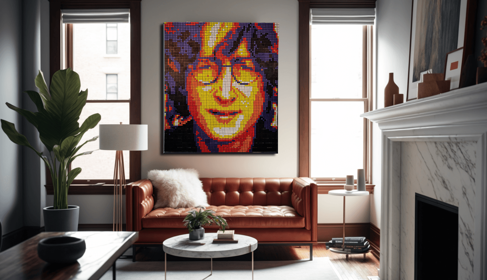 john lennon artwork rubik's cube, living room shot