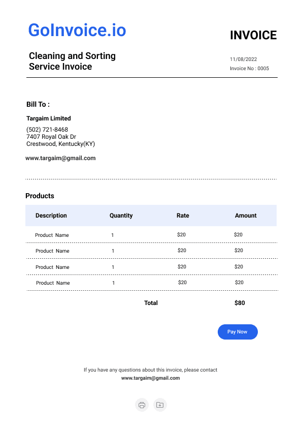 Cleaning and Sorting Service Invoice