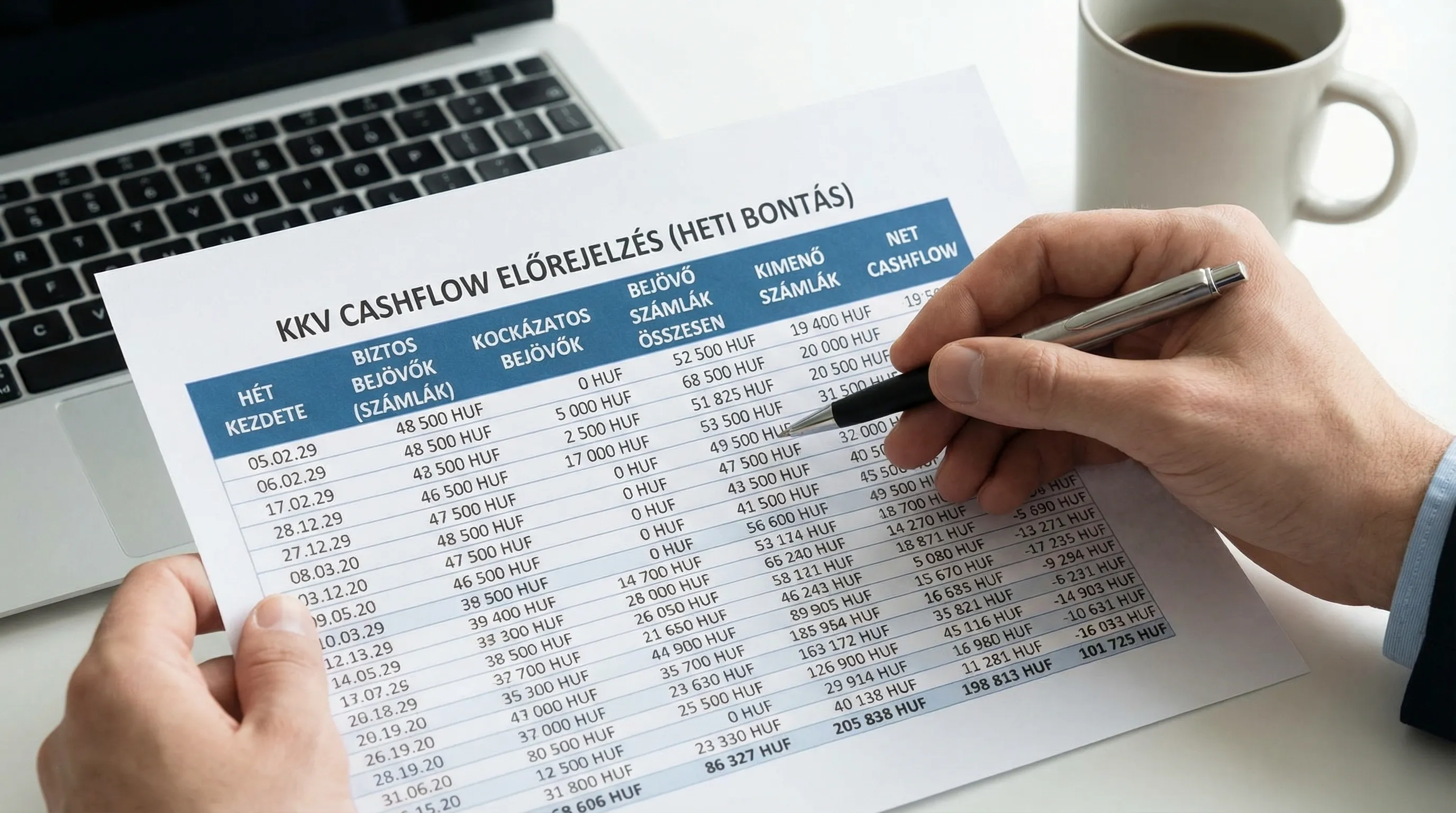 Táblázatos nézet egy KKV cashflow előrejelzésről heti bontásban, külön oszlopokkal a biztos és kockázatos bejövőkre, valamint a bejövő és kimenő számlák összesítésére.