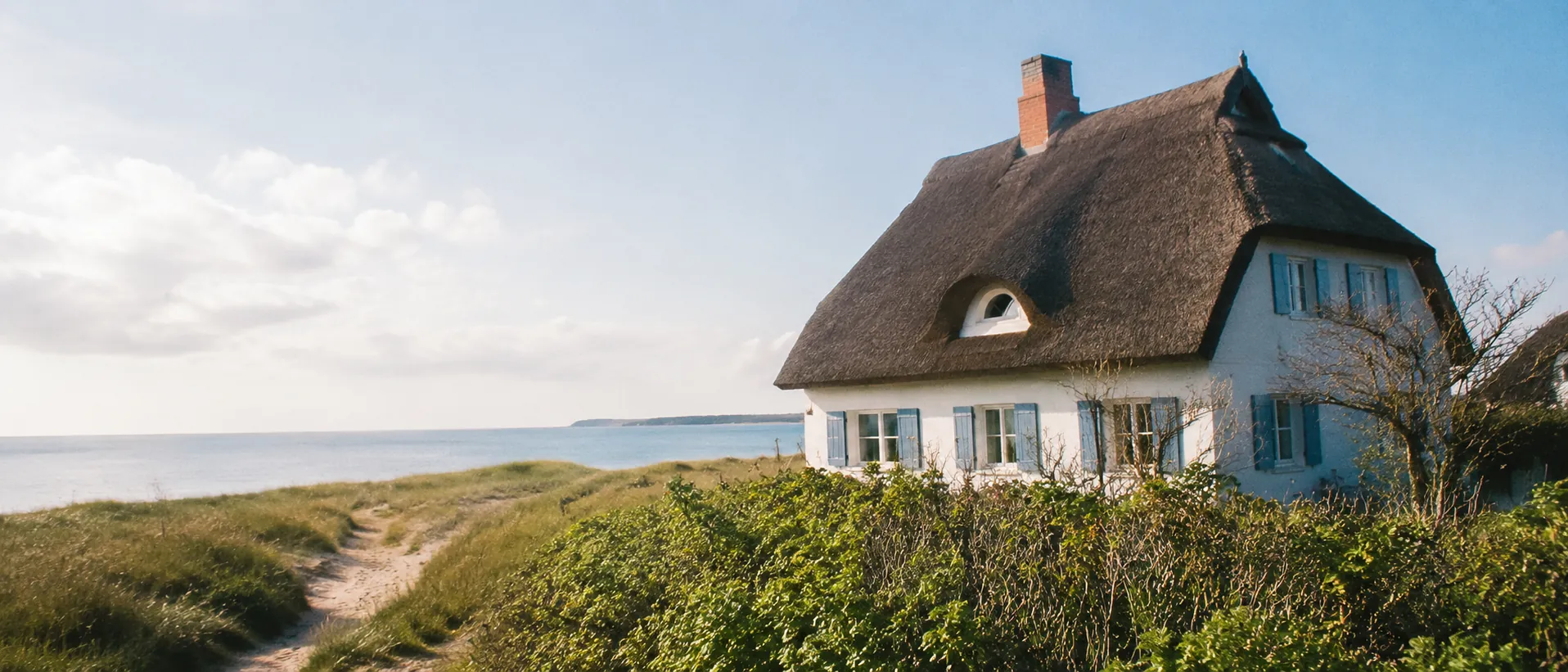 Reetgedecktes Haus an der Ostseeküste Mecklenburg-Vorpommerns mit Dünen und ruhigem Meer
