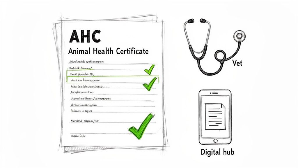 Hand-drawn icons depicting an Animal Health Certificate with checkmarks, a vet's stethoscope, and a digital hub smartphone.
