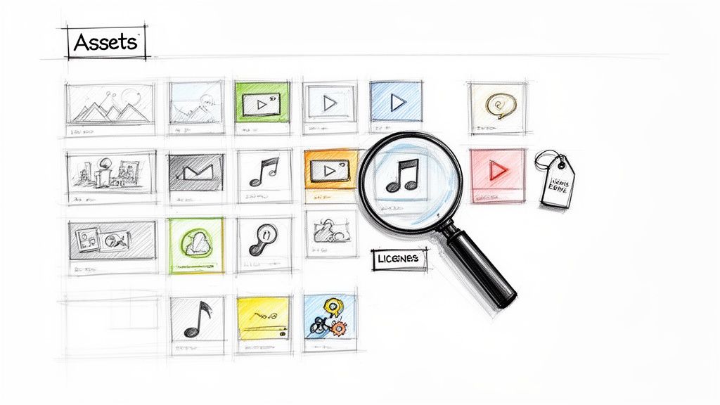 Hand-drawn sketch of digital assets like images, videos, and music notes, with a magnifying glass highlighting 'LICENSES'.