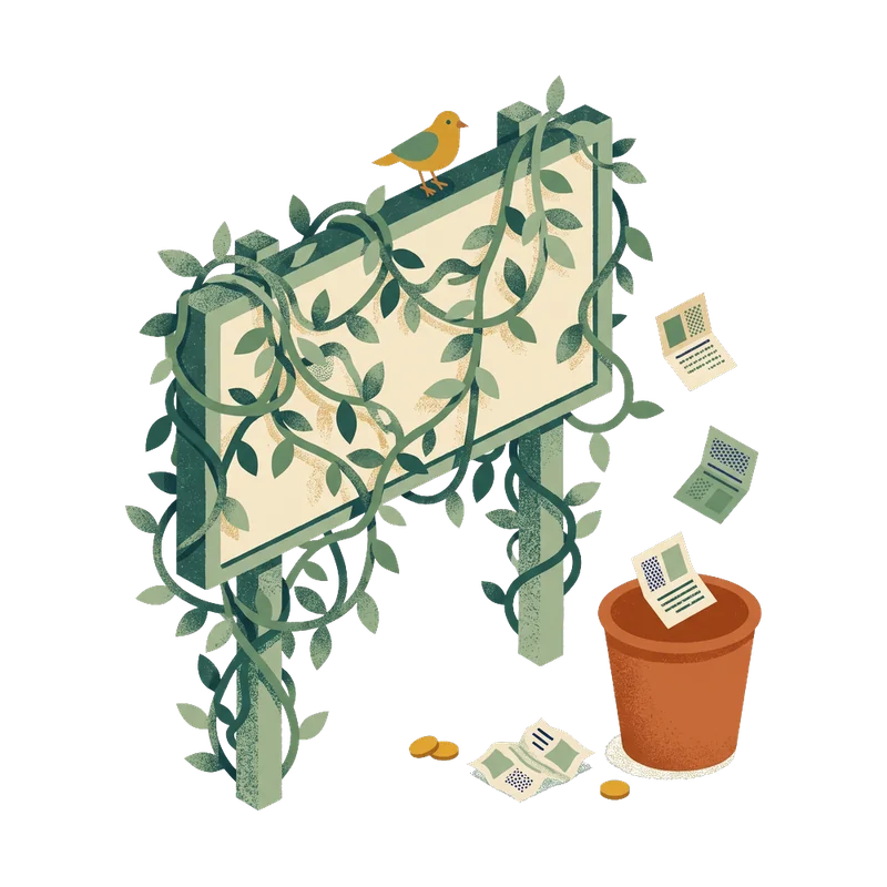 An old billboard overgrown with vines, ads tossed in a pot