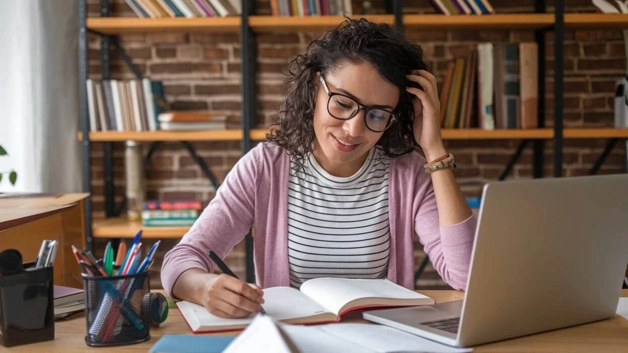 High school students pursuing RISE Research summer programs in STEM or law, shown studying in a focused home or academic setting with Ivy League mentorship.