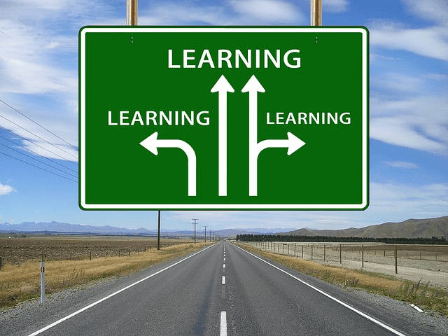 Sign on the road that points to learingn in all directions