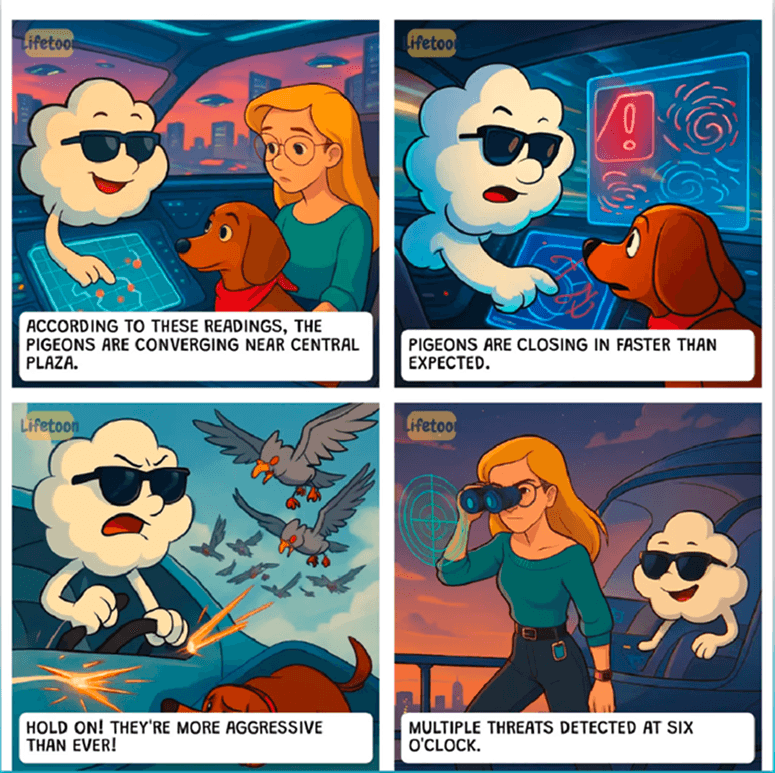 A cute cartoon water droplet character stands beside a small stream in a bright, colorful forest. The droplet looks cheerful and expressive, with big eyes and a small open mouth. A caption below explains that water can travel as runoff in streams or infiltrate into soil, taking different paths home. The Lifetoon logo appears in the top left corner.