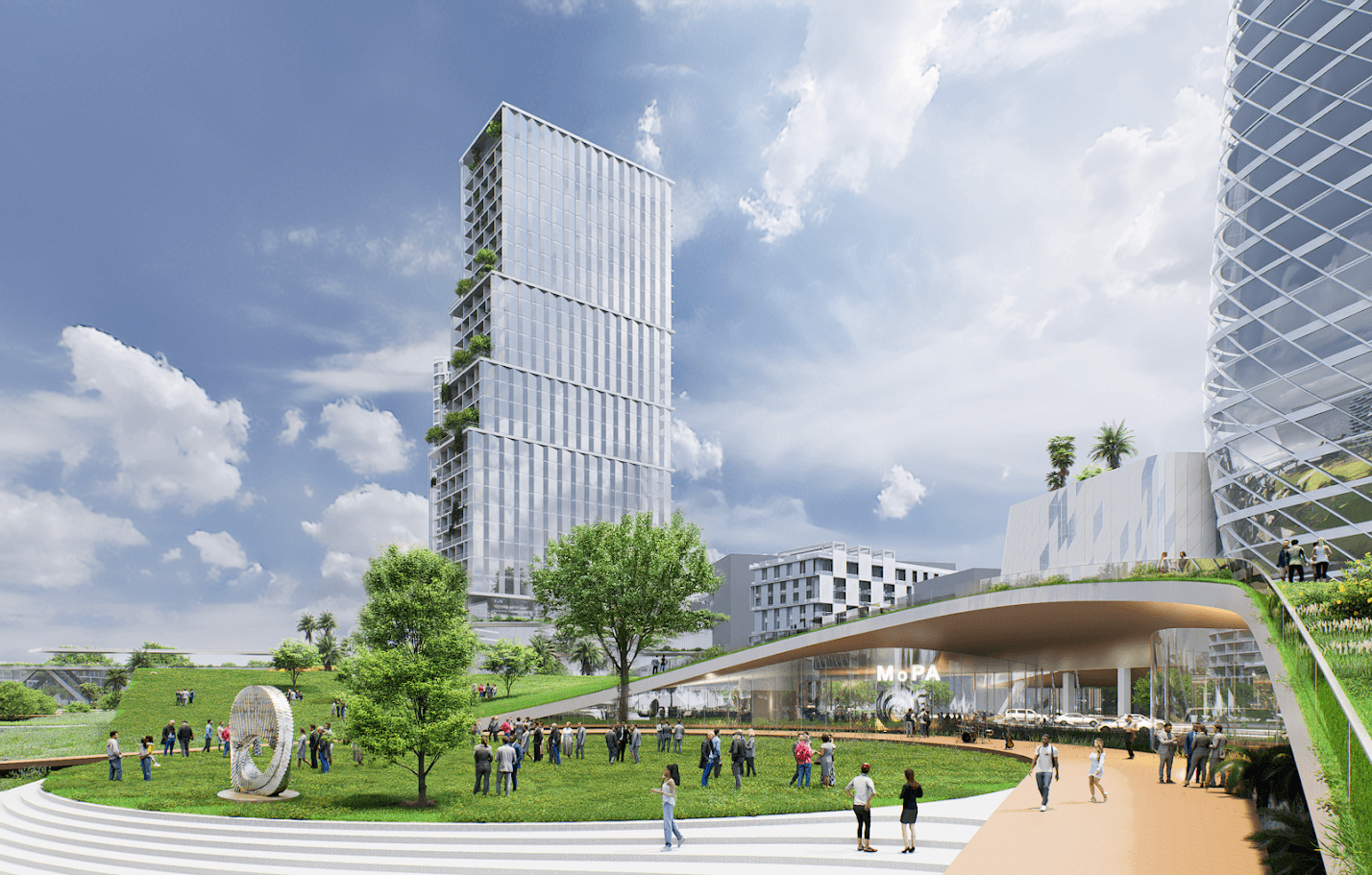 Street-level rendering of the proposed 13-acre central park at the Historic Gas Plant District, with residents, a public sculpture, a modern tower, and a pavilion along the Museum Row cultural corridor