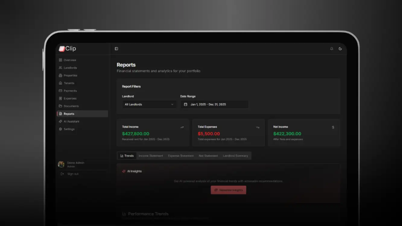 a tablet pc showing clip property management software dashboard