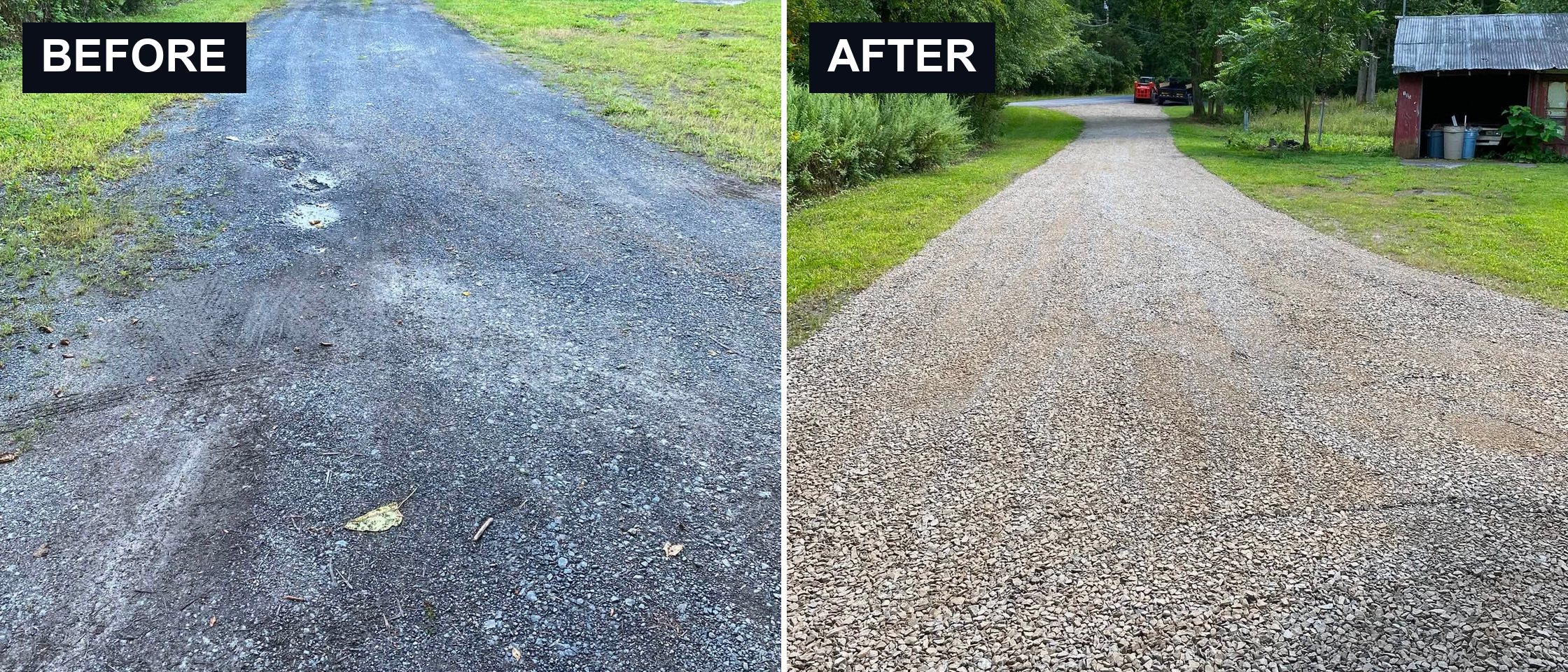 Before and after: potholed gravel driveway, then regraded with fresh crushed stone