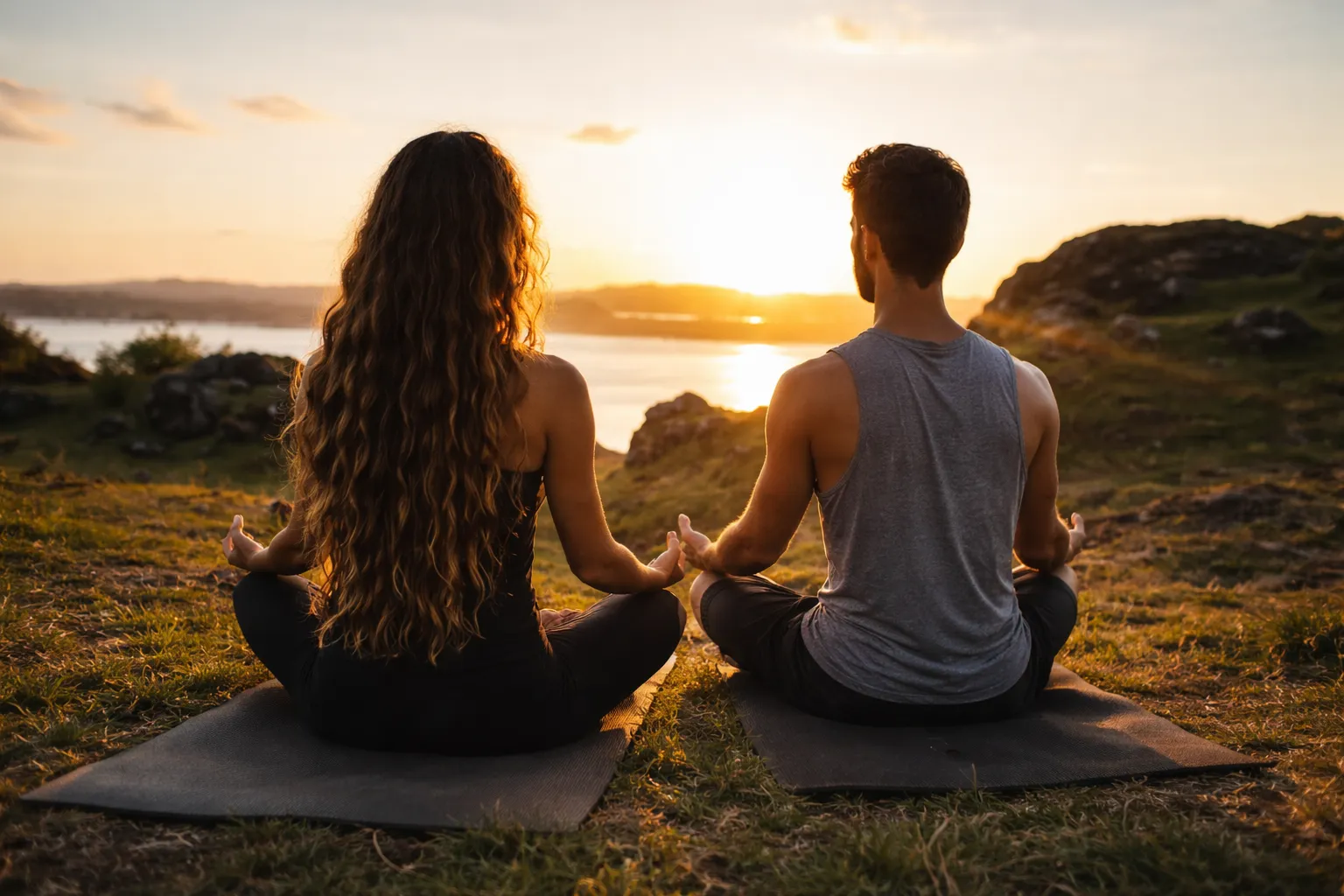 Neura Health Man and woman meditating on yoga mats on a hillside by the water at sunset.