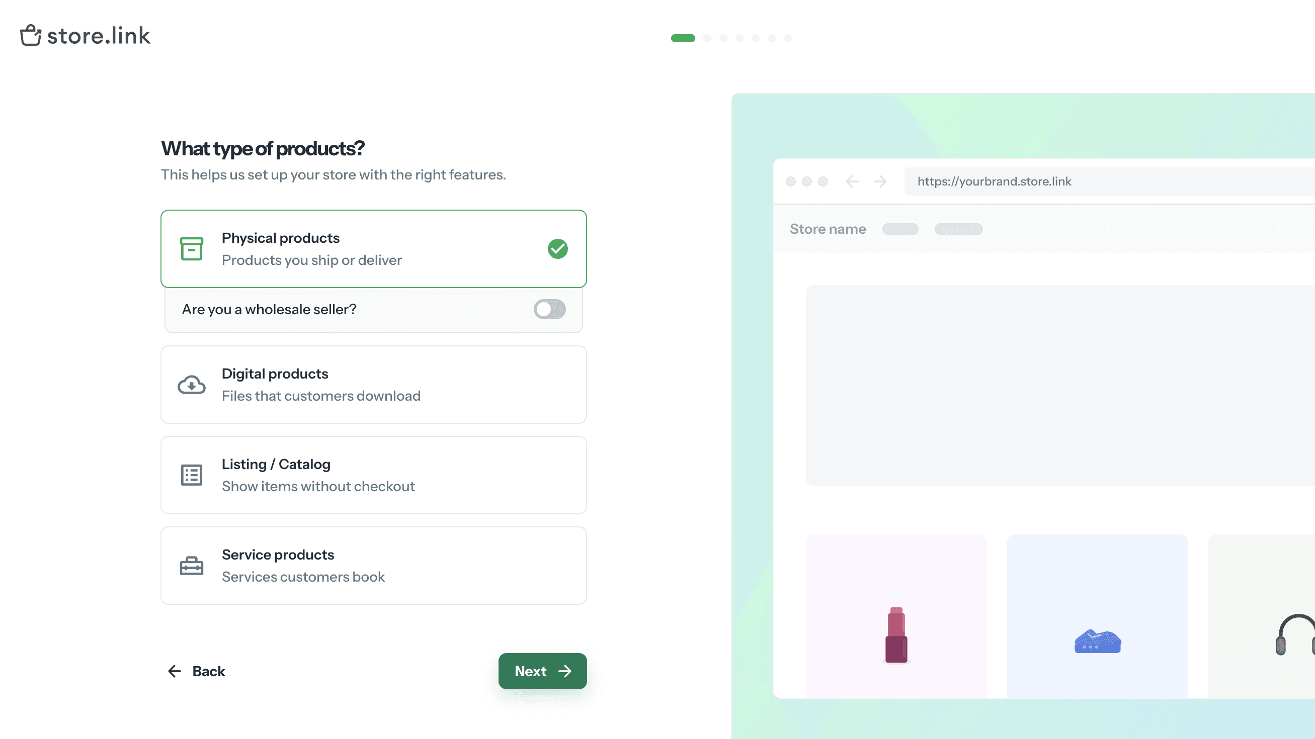 Store.link setup step for choosing product type, with options for physical, digital, catalog, and services.