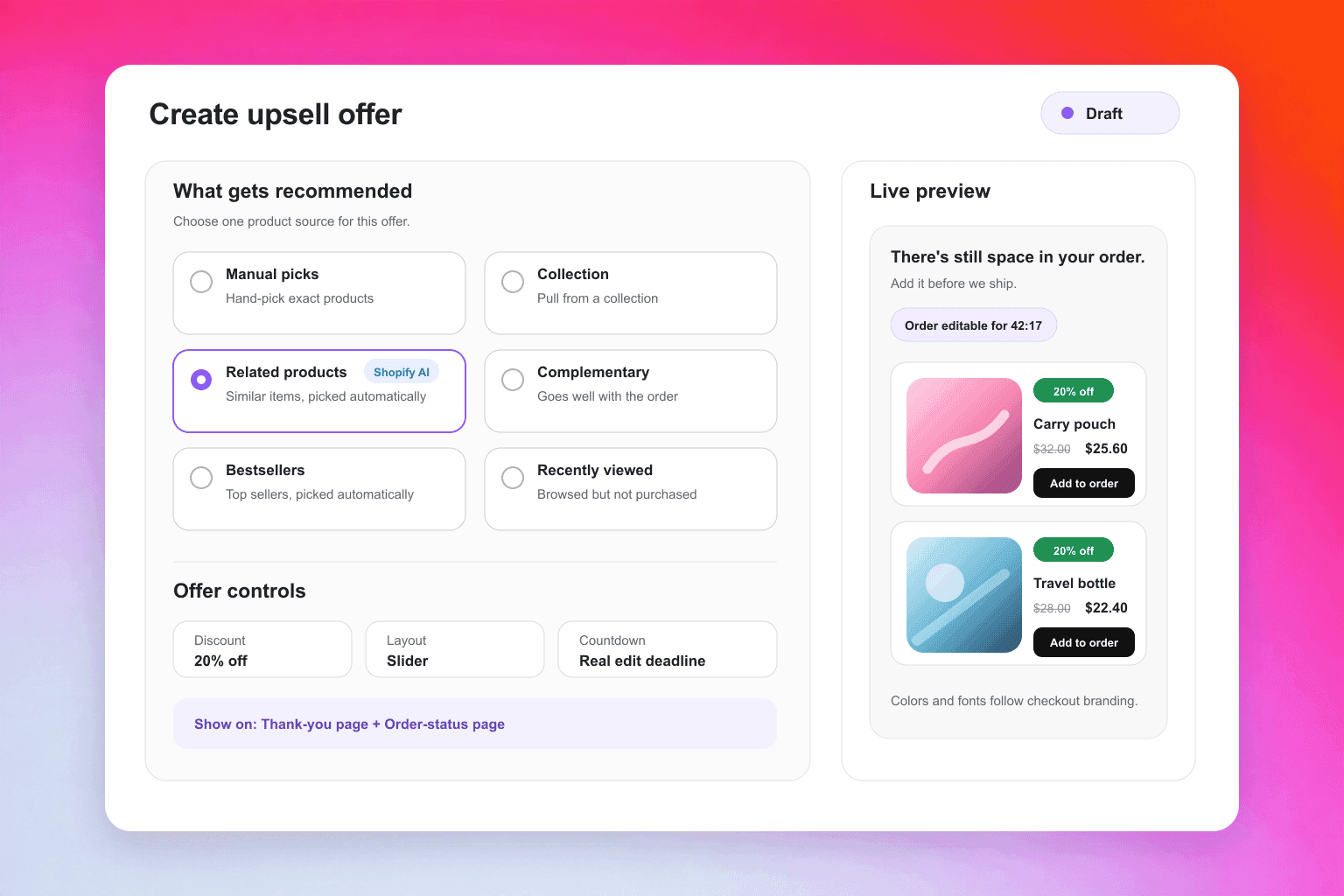 Revize upsell offer builder with product source, discount and placement settings