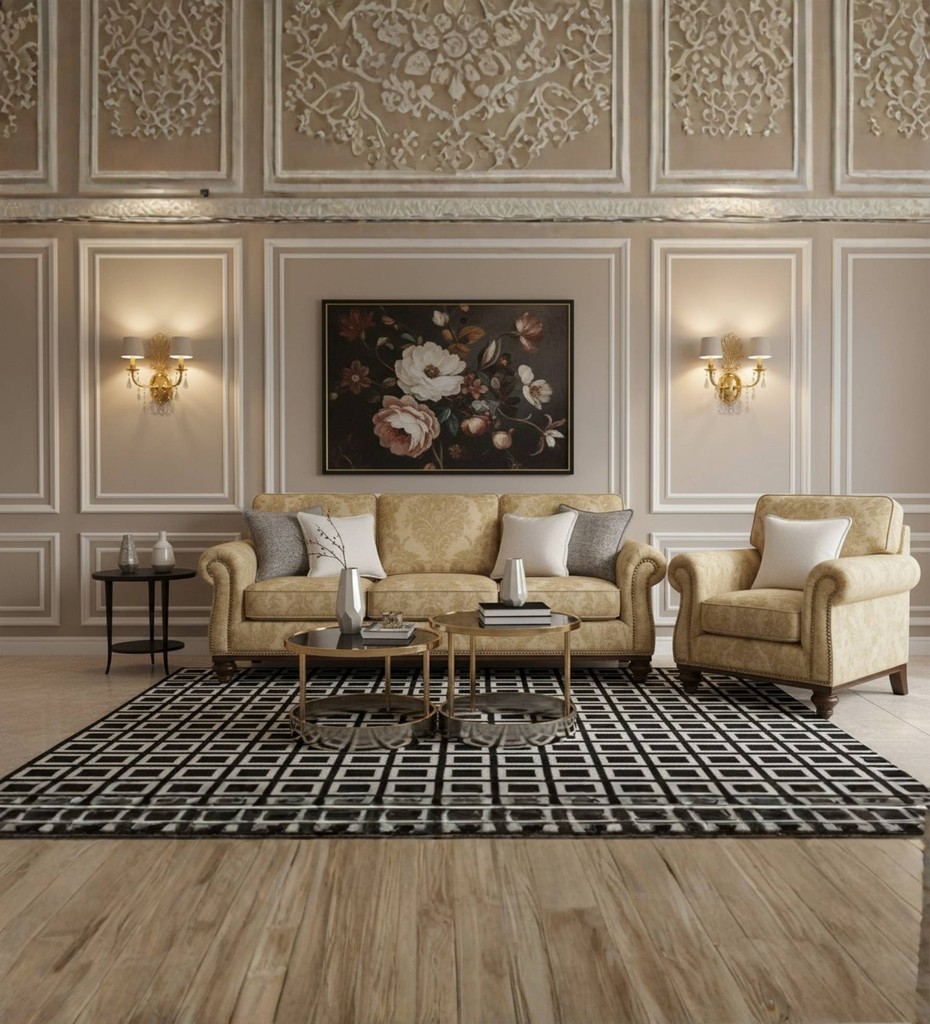 Three‑seater cream upholstered sofa with tufted back cushions and wooden arm frame