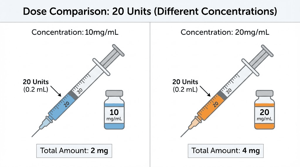 20 units of tirzepatide equals different mg amounts depending on vial concentration