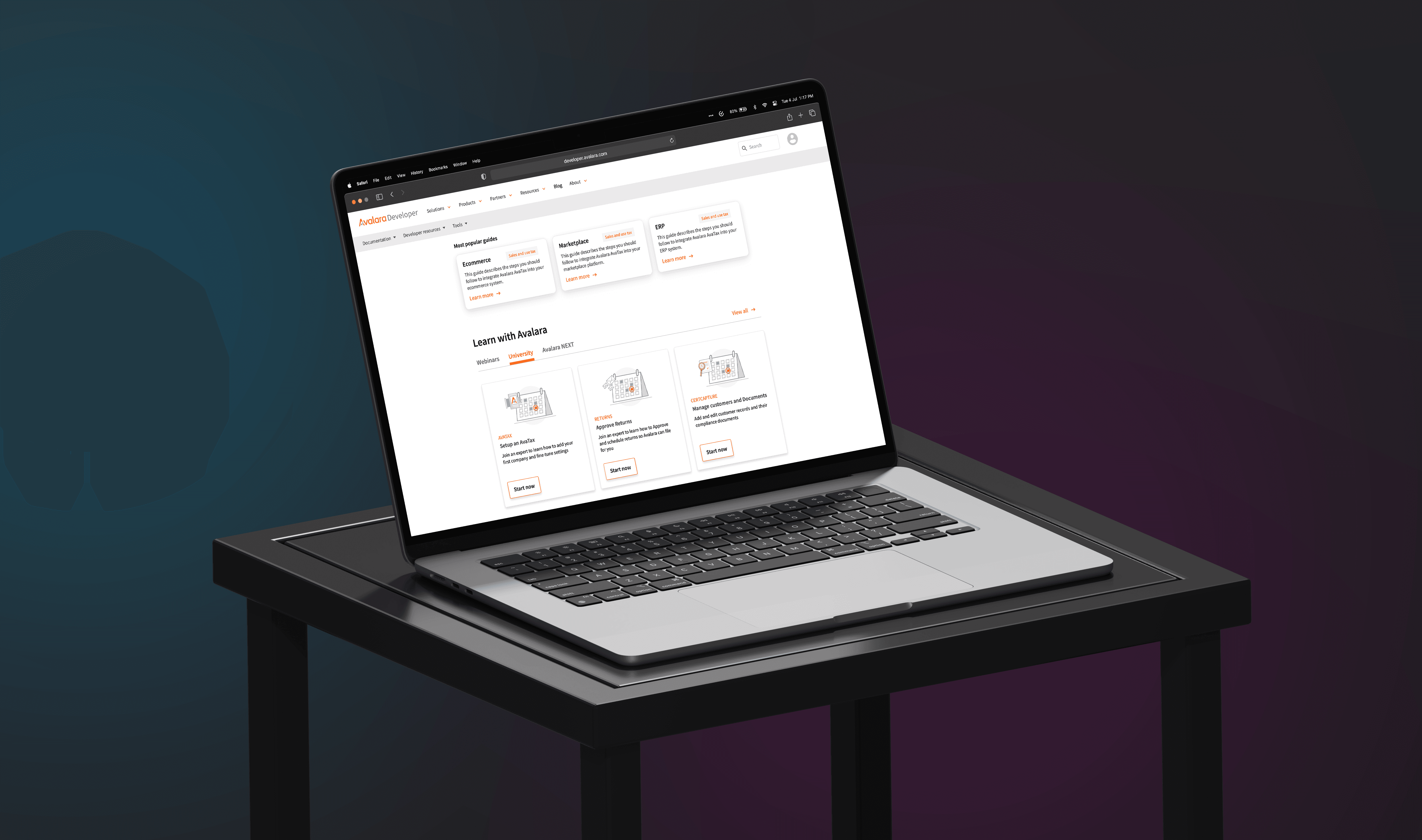 Product listing and solutions overview screen on Avalara portal, highlighting various API services.