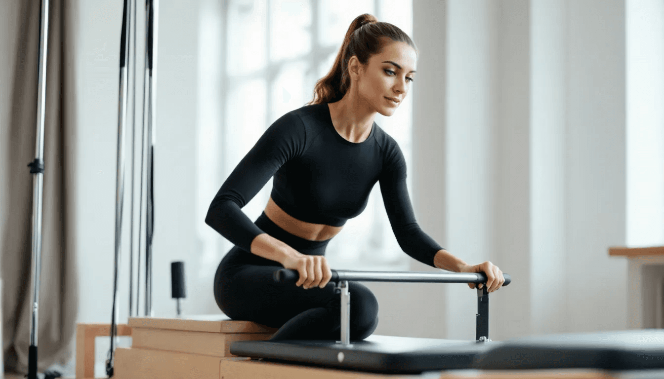 A woman is performing a controlled movement on a reformer machine in a pilates studio, dressed in form-fitting pilates attire that includes high-waisted leggings and a medium impact sports bra. The scene captures the essence of a focused pilates workout, emphasizing proper form and core activation.