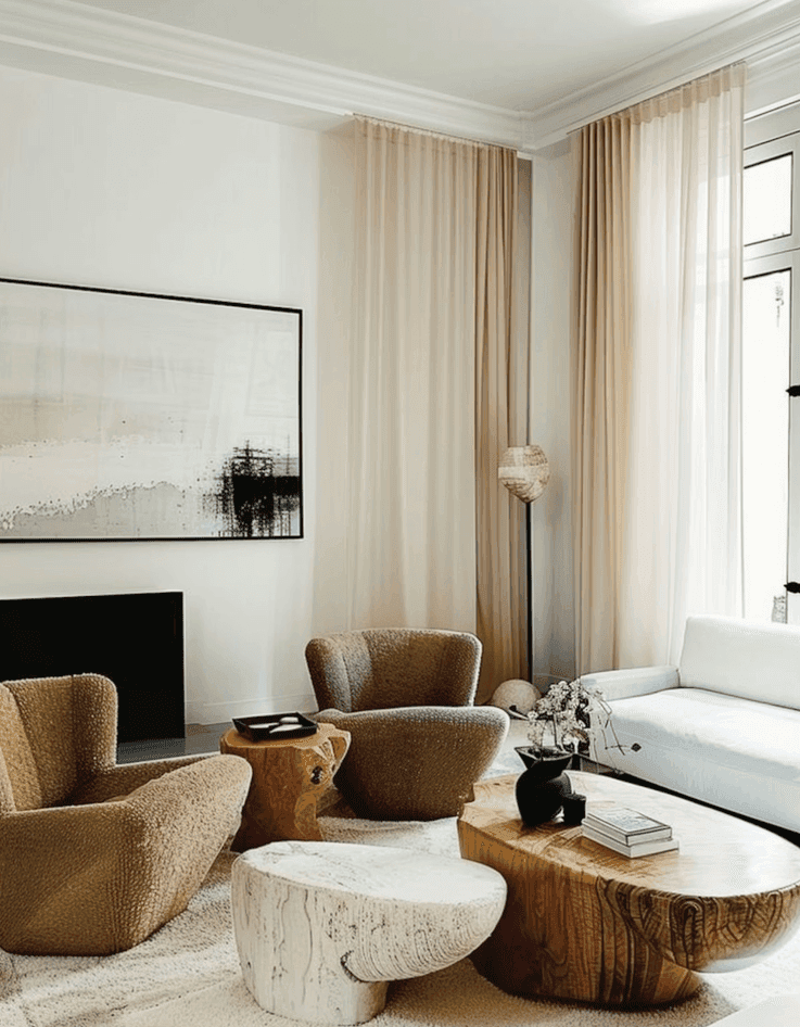 Minimalist interior with large wall-mounted artwork and warm amber accents