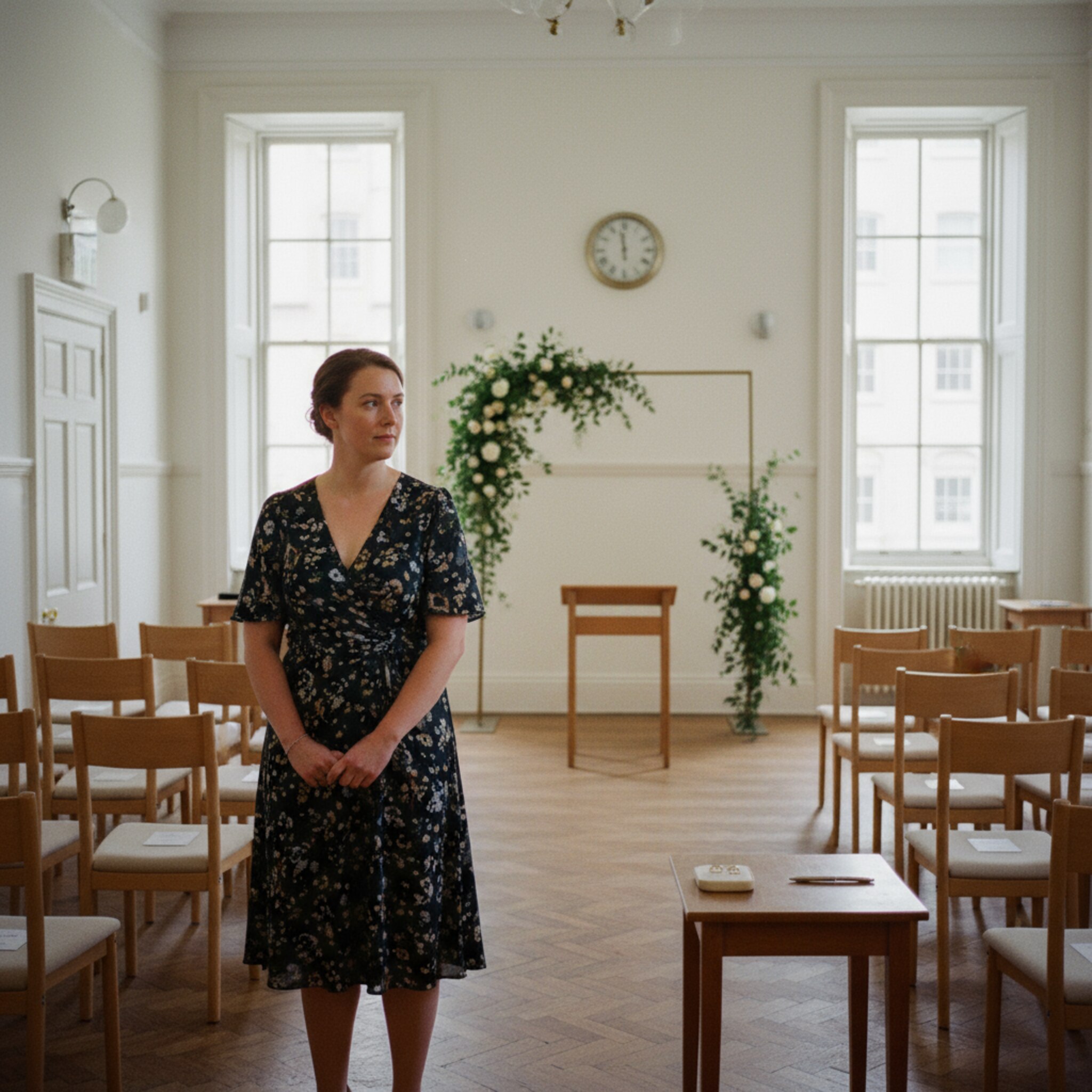 Ein festlich vorbereiteter Trausaal mit schlichtem Blumenbogen, ordentlich ausgerichteten Stuhlreihen und einer kleinen Ablage für Ringe. Sanftes Licht fällt über den Parkettboden, ein dezenter Hinweis auf die Uhrzeit hängt an der Wand. Der Raum wirkt bereit, ruhig und klar strukturiert.
