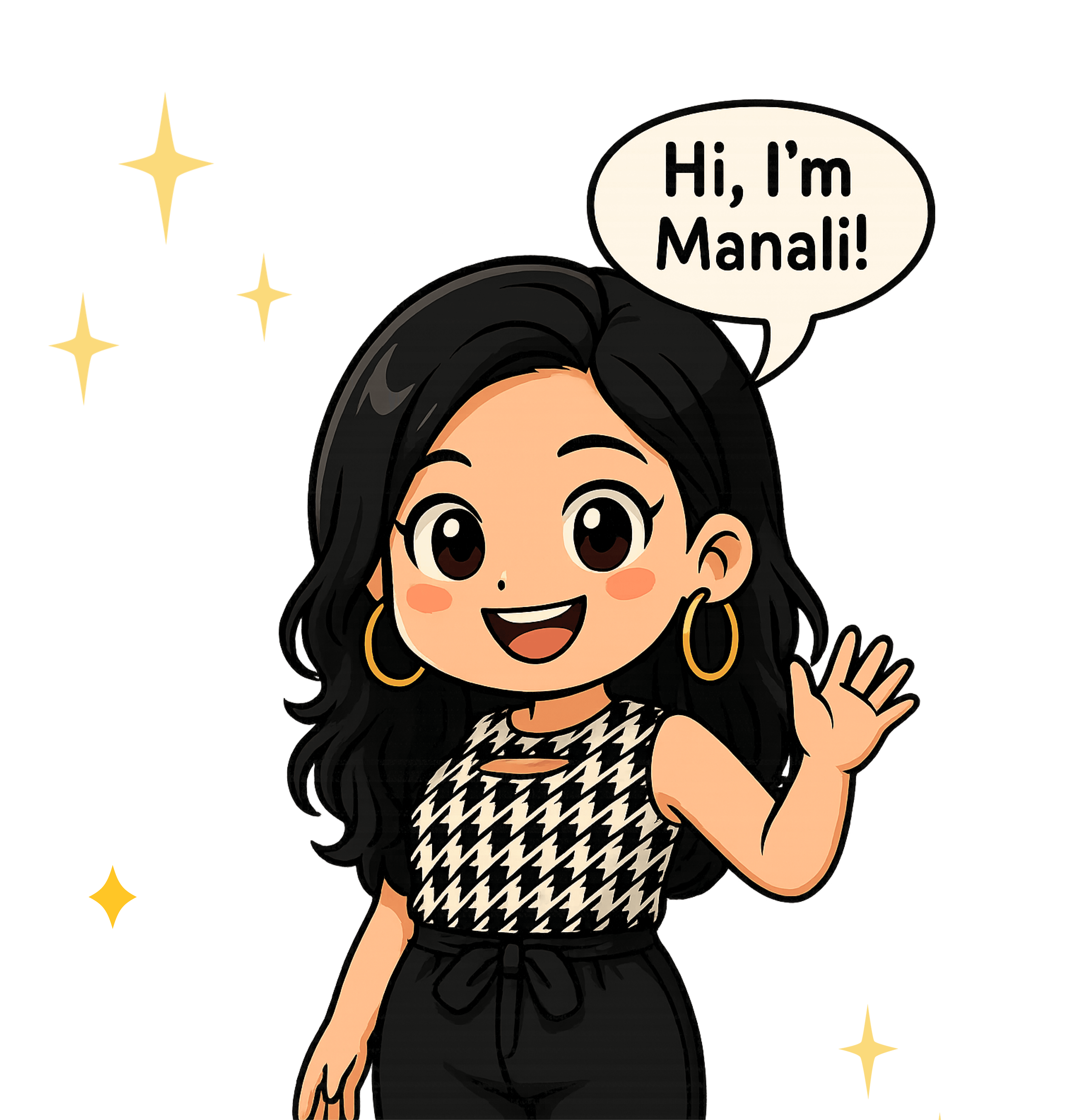 The image features a cartoon character waving and reads, "Hi, I'm Manali,".