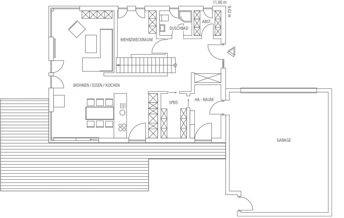 Grundriss eines Hauses mit Wohnen/Essen/Kochen, Mehrzweckraum, Duschbad, Abstellraum, Speis, HA-Raum und Garage.