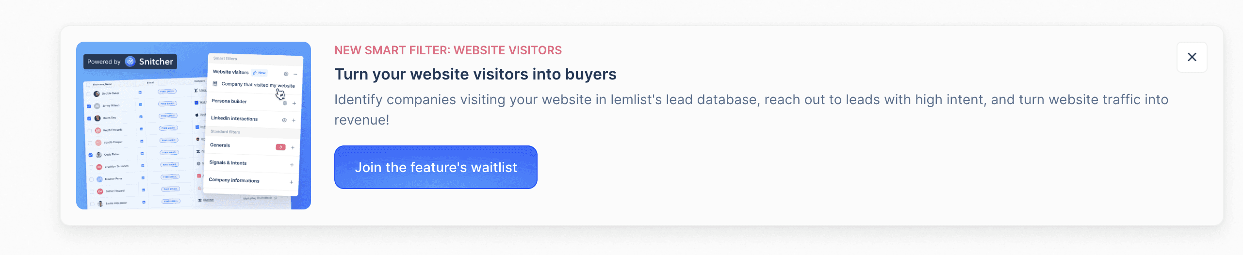 Lemlist uses an inline banner to announce a new feature ("Smart Filter: Website Visitors") with a visual preview, a benefit-driven description, and a clear CTA to join the waitlist.